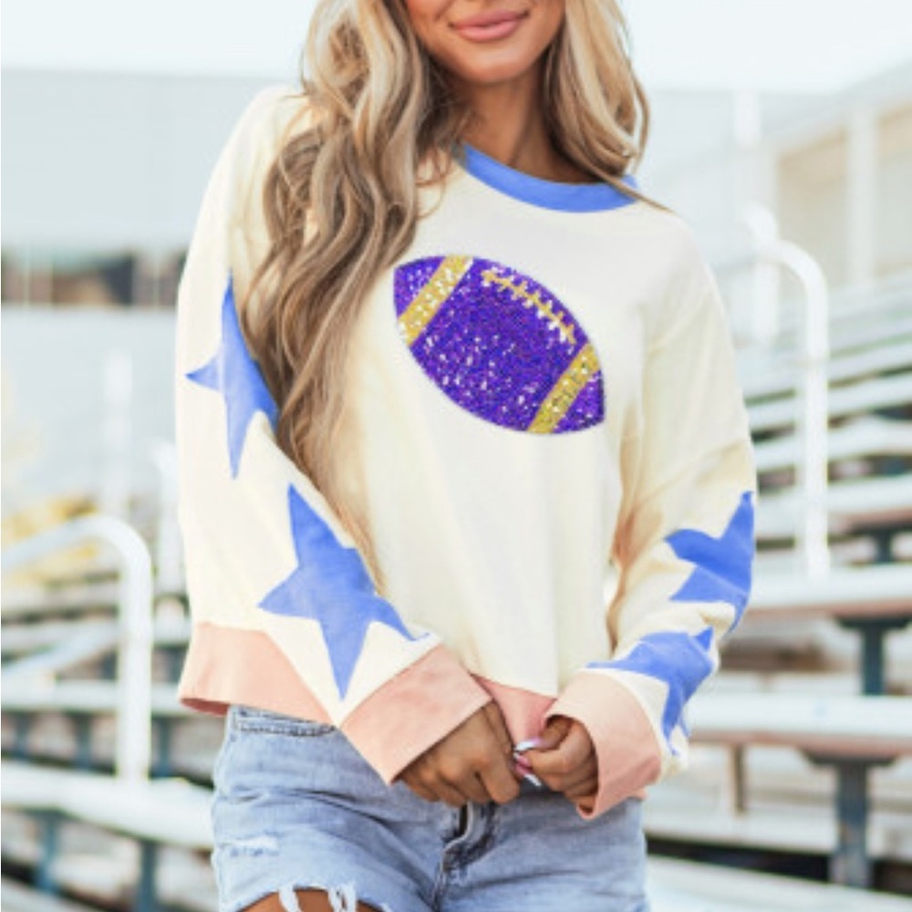 Sequin Football Graphic Starry Patched Contrast Trim Game Day Sweatshirt